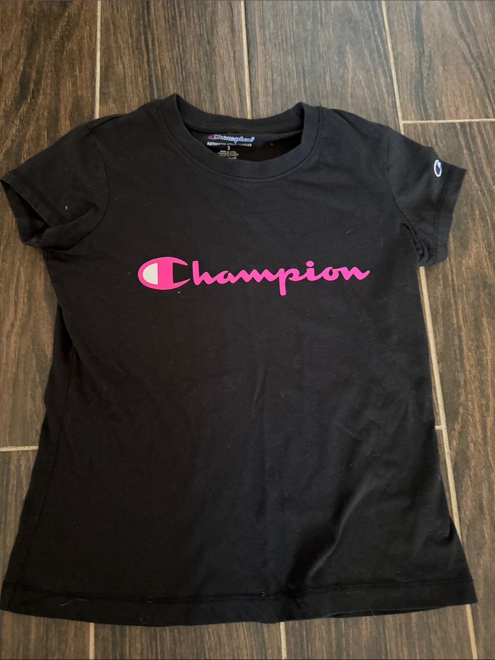 Girls Small Champion Black T-Shirt with Hot Pink Logo